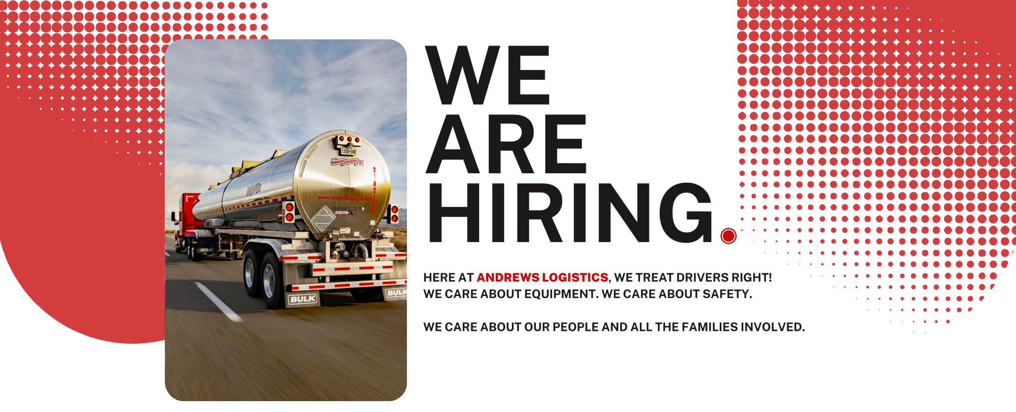 We Are Hiring banner featuring an Andrews Logistics tank trailer